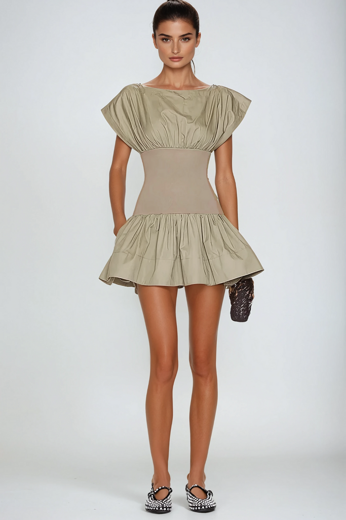 Amery Ruch Ruffle Deconstruct Mini Dress In Khaki - Stylish beautiful dress for special occasions | Buy Online