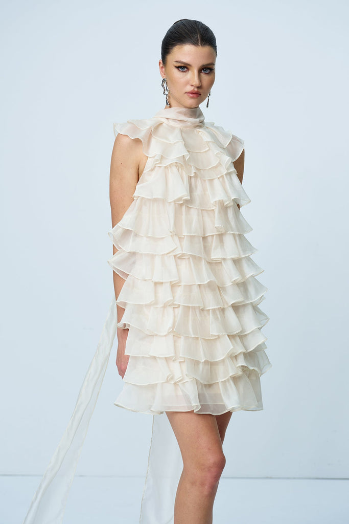 Stylish beautiful dress | Ames Ruffle Ruch Sleeveless Mini Dress In Apricot - Ideal for special occasions