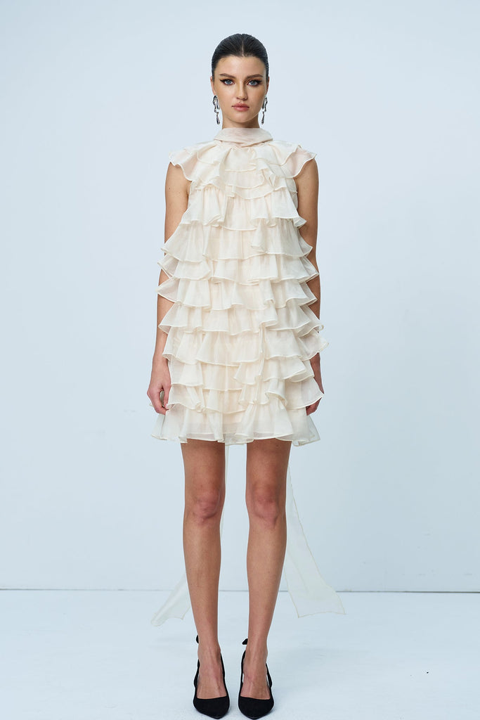 Shop  beautiful dress - Perfect for special occasions | Ames Ruffle Ruch Sleeveless Mini Dress In Apricot