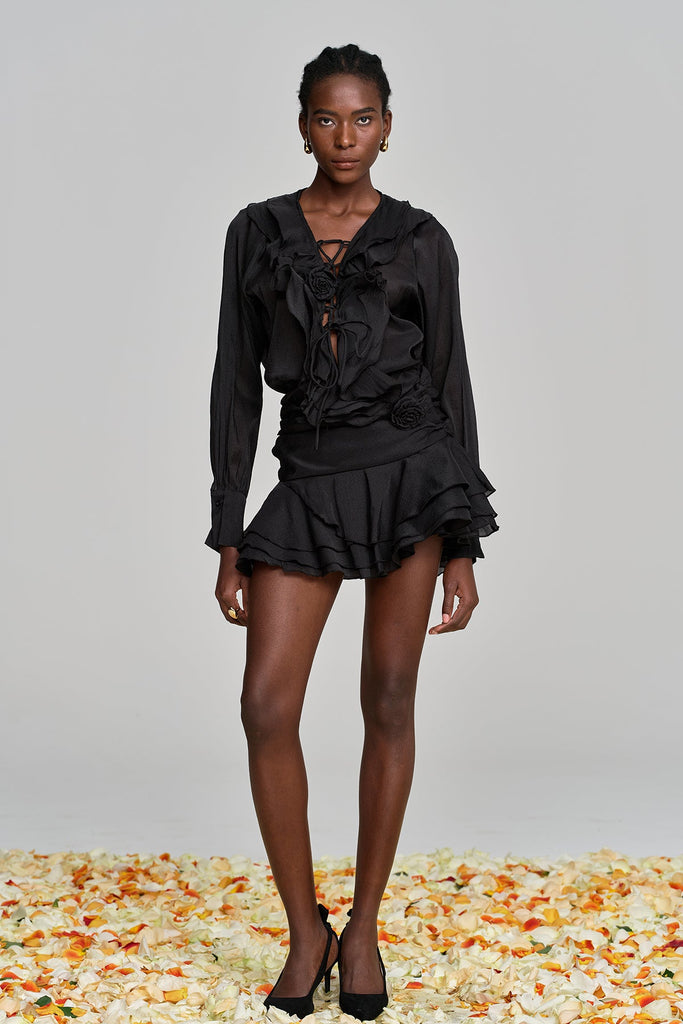 Shop  black dress - Perfect for special occasions | Amie Lace Up Flower Ruffle Skirt Set In Black