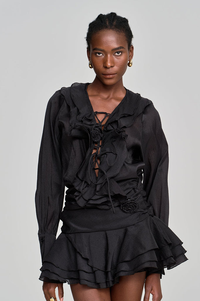 Shop  black dress - Perfect for special occasions | Amie Lace Up Flower Ruffle Skirt Set In Black