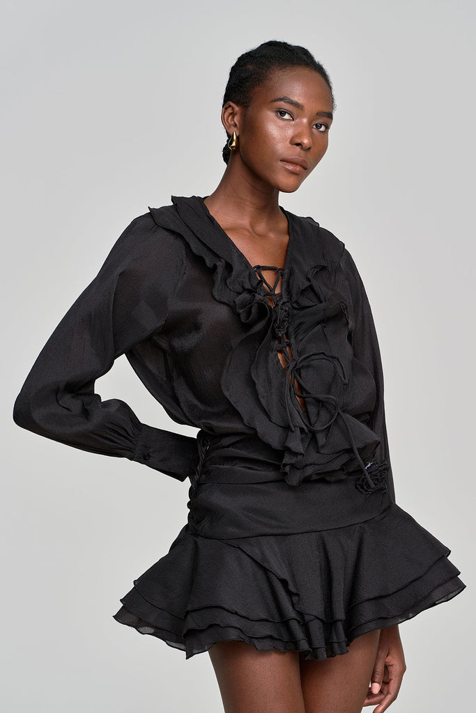 Stylish black dress | Amie Lace Up Flower Ruffle Skirt Set In Black - Ideal for special occasions