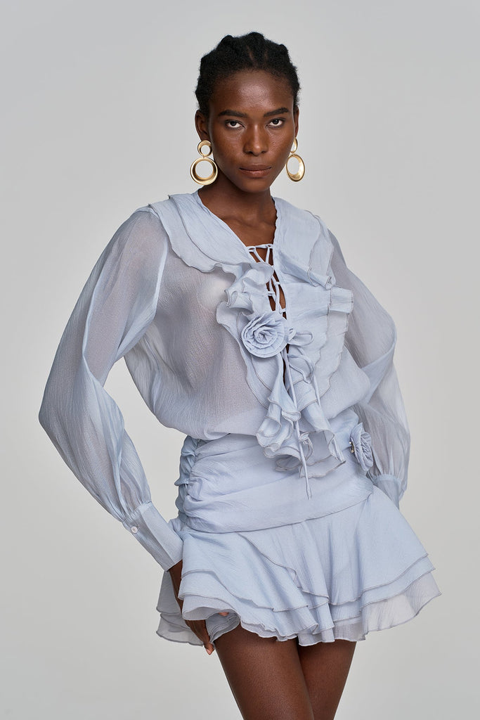 Shop  blue dress - Perfect for special occasions | Amie Lace Up Flower Ruffle Skirt Set In Blue