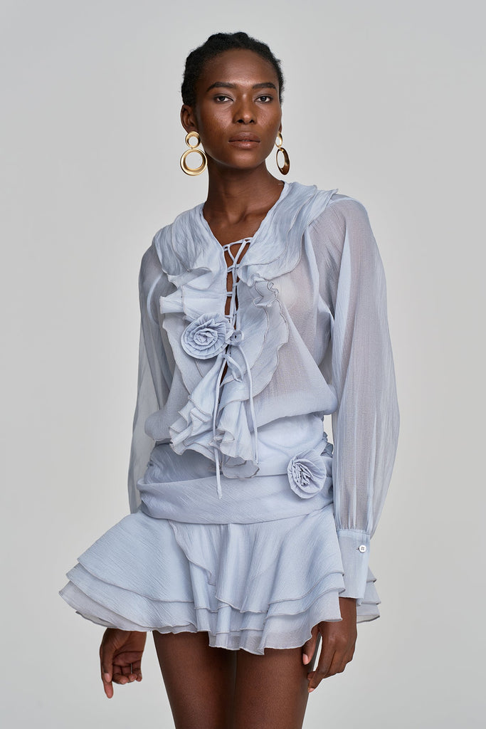 Amie Lace Up Flower Ruffle Skirt Set In Blue - Stylish blue dress for special occasions | Buy Online