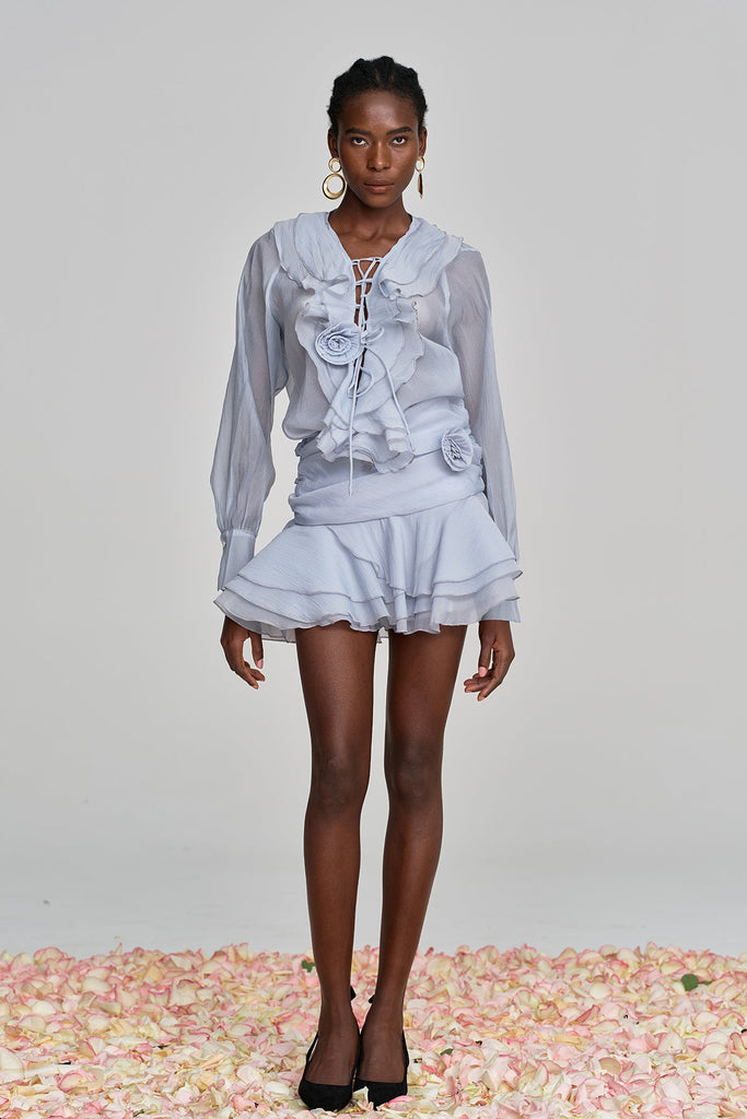 Amie Lace Up Flower Ruffle Skirt Set In Blue - Stylish blue dress for special occasions | Buy Online