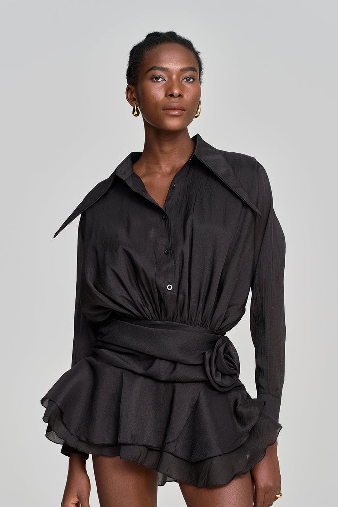 Amina Flower Ruch Ruffle Mini Dress In Black - Stylish black dress for special occasions | Buy Online