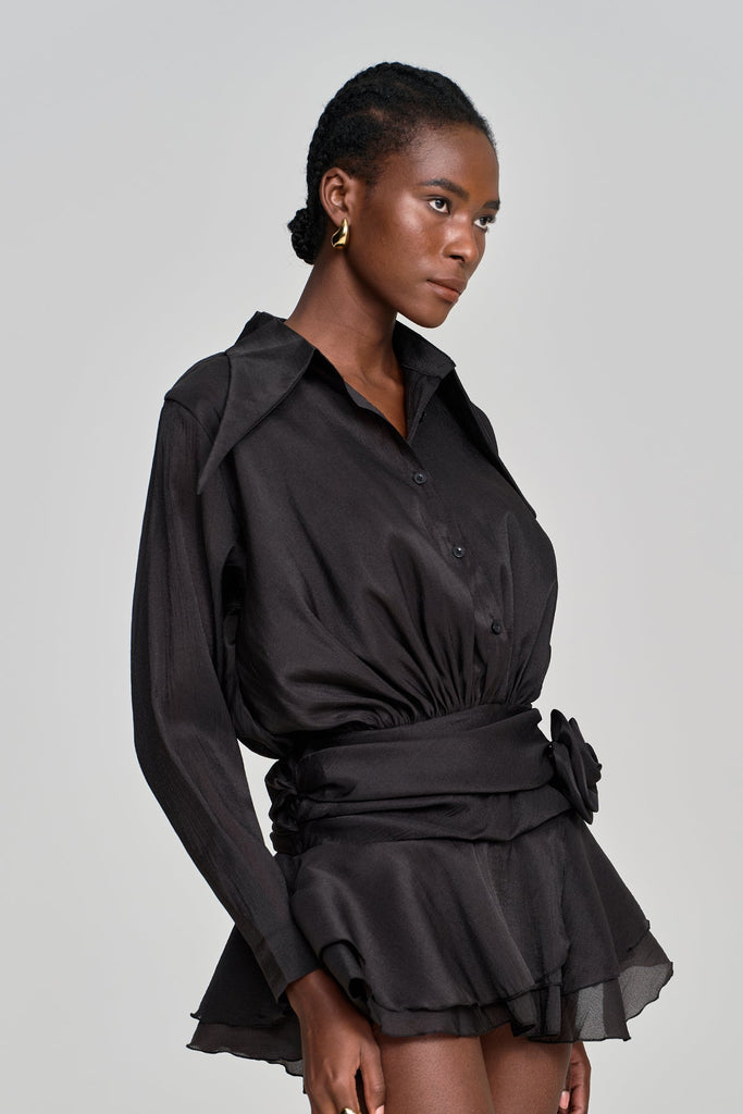 Shop  black dress - Perfect for special occasions | Amina Flower Ruch Ruffle Mini Dress In Black