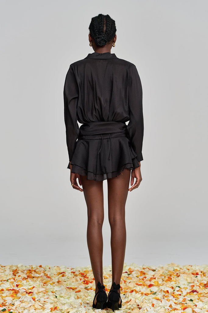 Amina Flower Ruch Ruffle Mini Dress In Black - Stylish black dress for special occasions | Buy Online