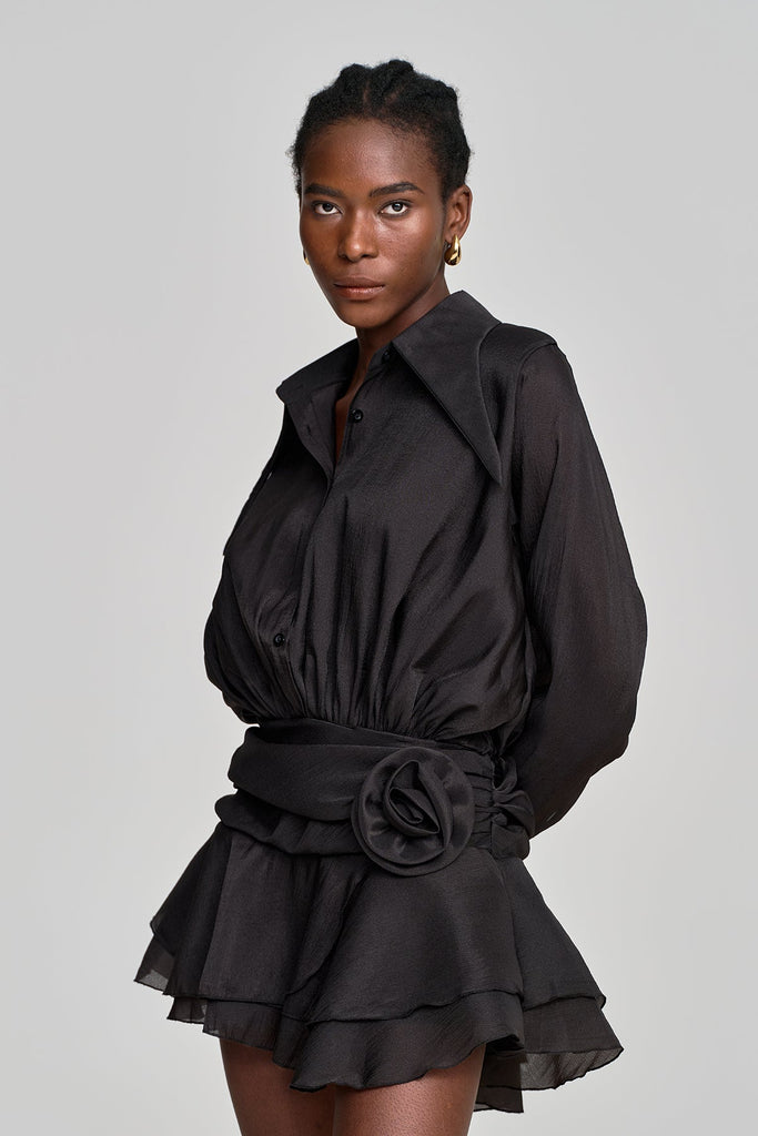 Stylish black dress | Amina Flower Ruch Ruffle Mini Dress In Black - Ideal for special occasions