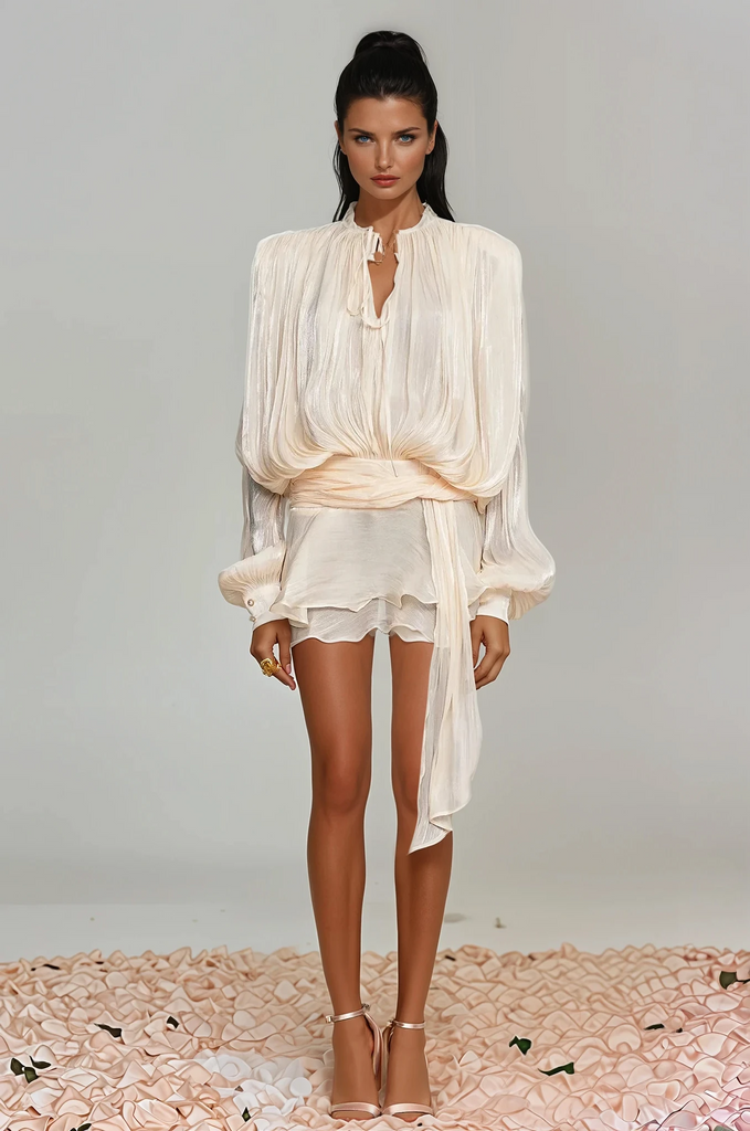 Shop  beautiful dress - Perfect for special occasions | Aminah Balloon Sleeve Ruch Ruffle Mini Dress In Apricot