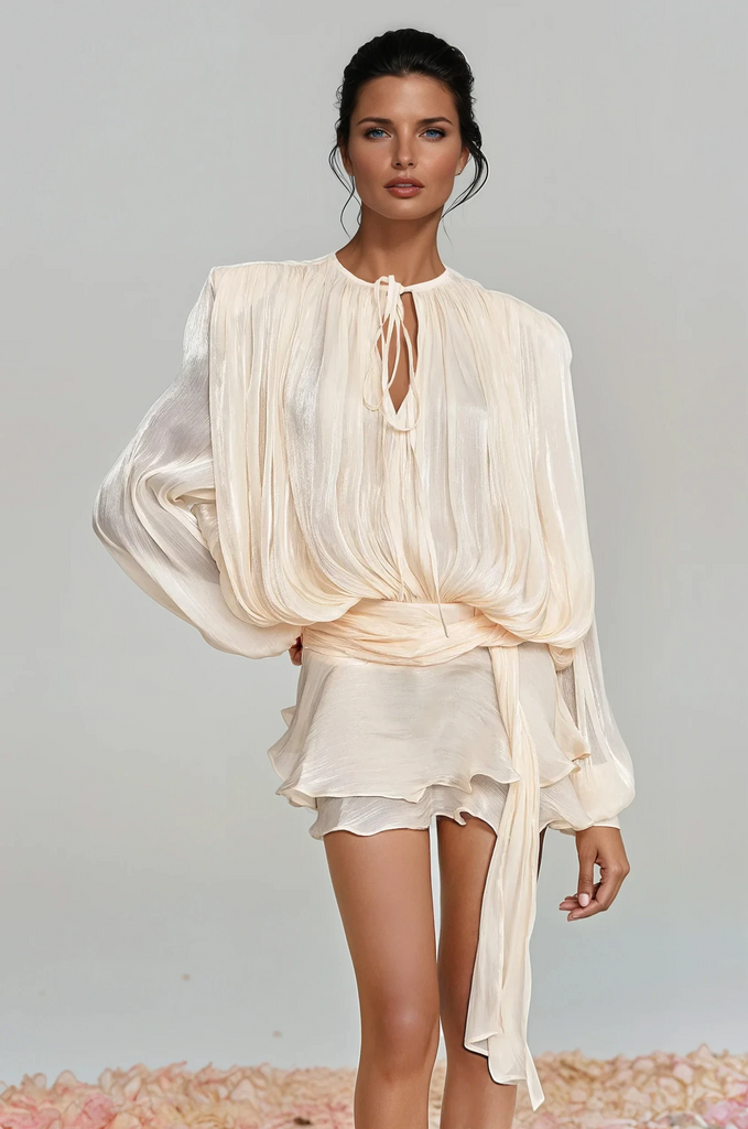 Stylish beautiful dress | Aminah Balloon Sleeve Ruch Ruffle Mini Dress In Apricot - Ideal for special occasions