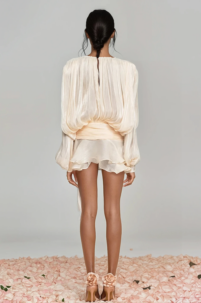 Stylish beautiful dress | Aminah Balloon Sleeve Ruch Ruffle Mini Dress In Apricot - Ideal for special occasions