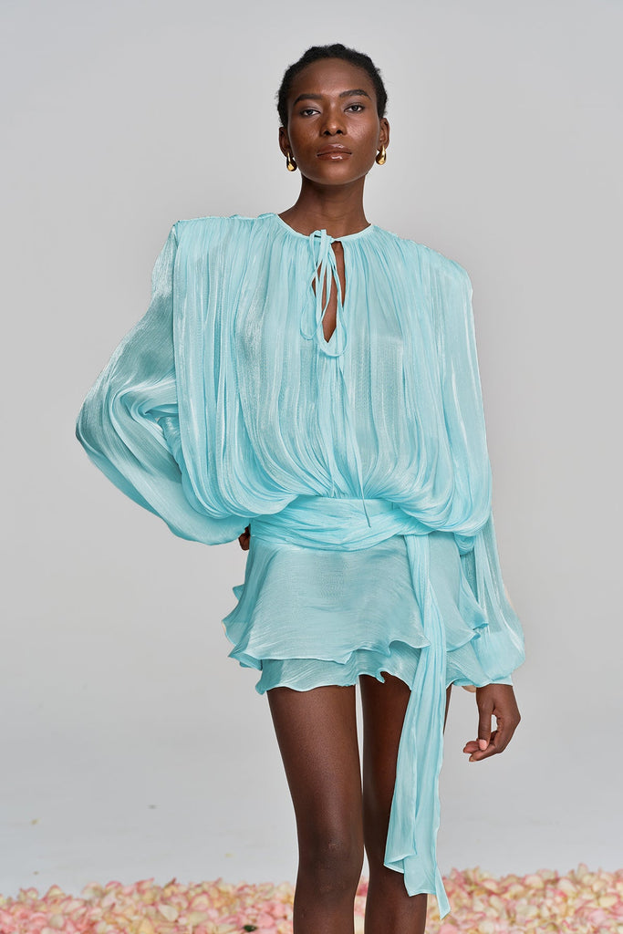 Aminah Balloon Sleeve Ruch Ruffle Mini Dress In Baby Blue - Stylish blue dress for special occasions | Buy Online