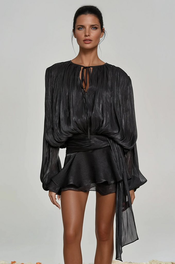 Stylish black dress | Aminah Balloon Sleeve Ruch Ruffle Mini Dress In Black - Ideal for special occasions