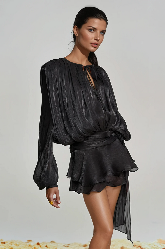 Shop  black dress - Perfect for special occasions | Aminah Balloon Sleeve Ruch Ruffle Mini Dress In Black
