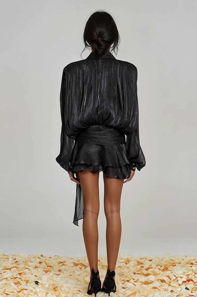 Stylish black dress | Aminah Balloon Sleeve Ruch Ruffle Mini Dress In Black - Ideal for special occasions