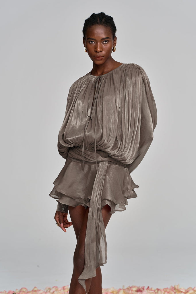 Aminah Balloon Sleeve Ruch Ruffle Mini Dress In Brown - Stylish brown dress for special occasions | Buy Online