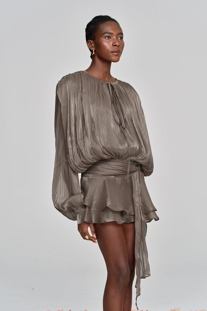 Aminah Balloon Sleeve Ruch Ruffle Mini Dress In Brown - Stylish brown dress for special occasions | Buy Online