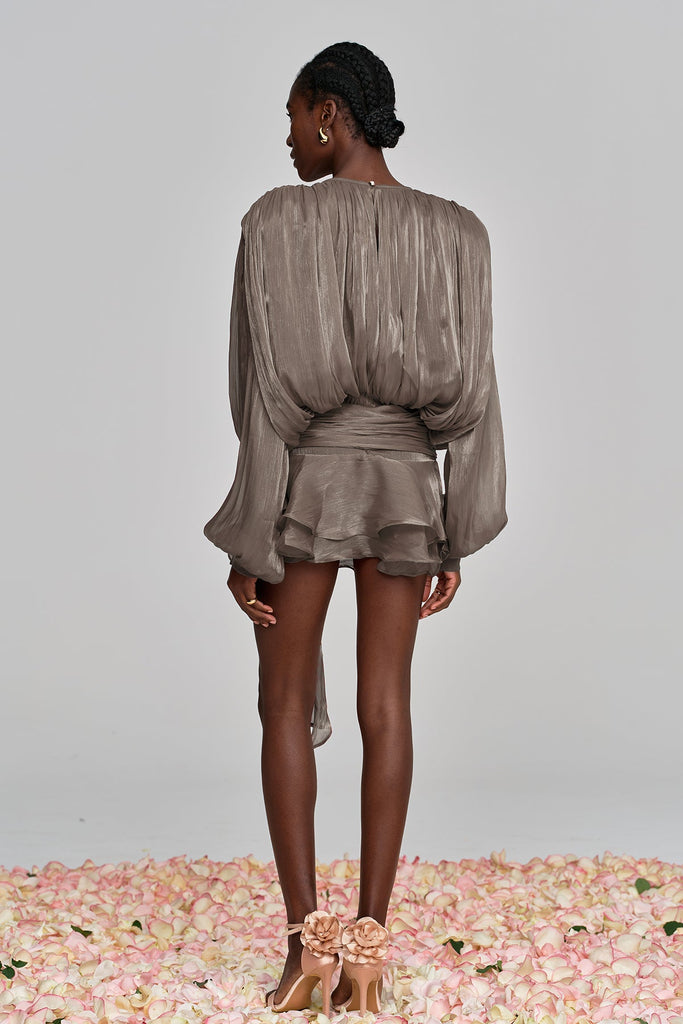 Aminah Balloon Sleeve Ruch Ruffle Mini Dress In Brown - Stylish brown dress for special occasions | Buy Online