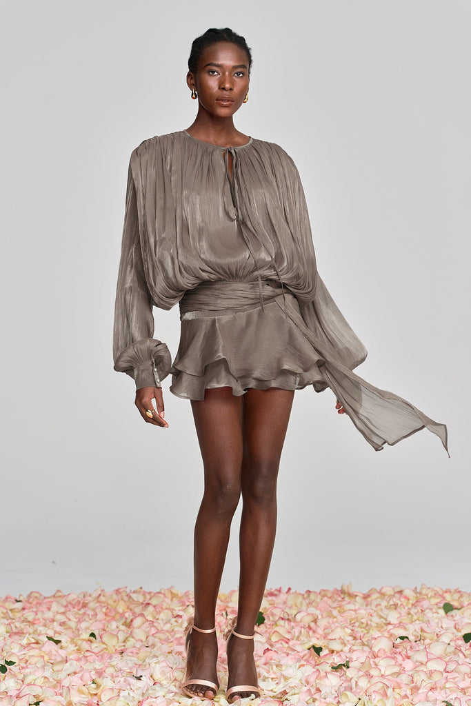 Shop  brown dress - Perfect for special occasions | Aminah Balloon Sleeve Ruch Ruffle Mini Dress In Brown