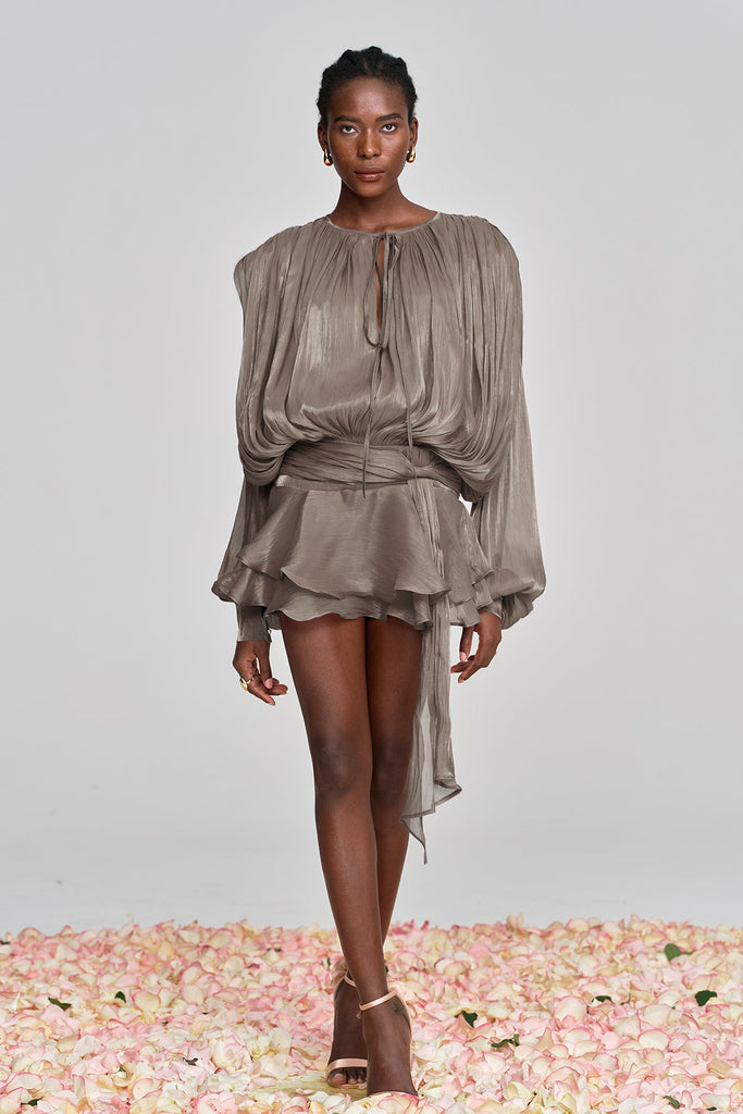 Stylish brown dress | Aminah Balloon Sleeve Ruch Ruffle Mini Dress In Brown - Ideal for special occasions