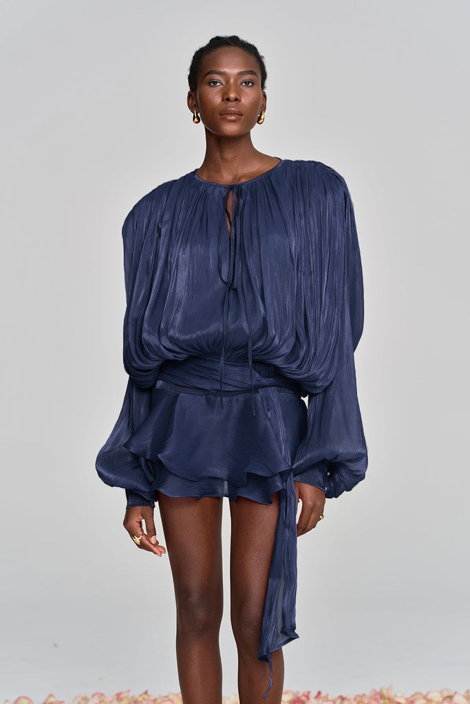 Stylish blue dress | Aminah Balloon Sleeve Ruch Ruffle Mini Dress In Deep Blue - Ideal for special occasions