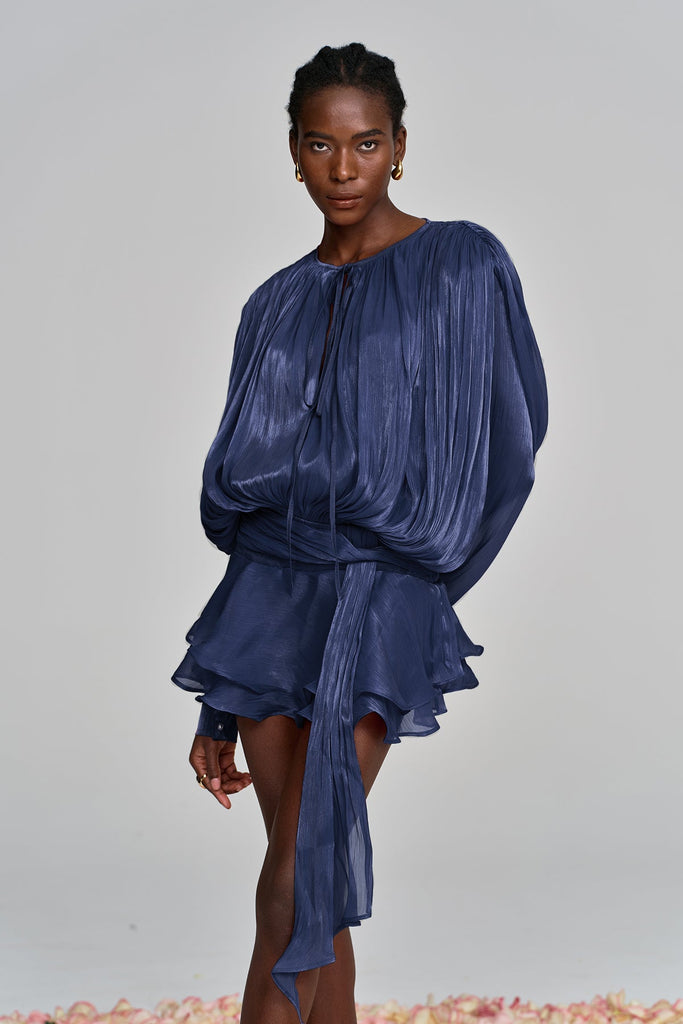 Shop  blue dress - Perfect for special occasions | Aminah Balloon Sleeve Ruch Ruffle Mini Dress In Deep Blue