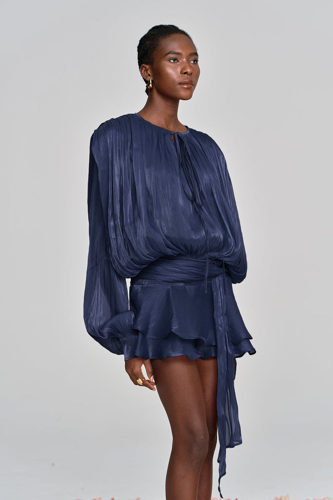 Shop  blue dress - Perfect for special occasions | Aminah Balloon Sleeve Ruch Ruffle Mini Dress In Deep Blue