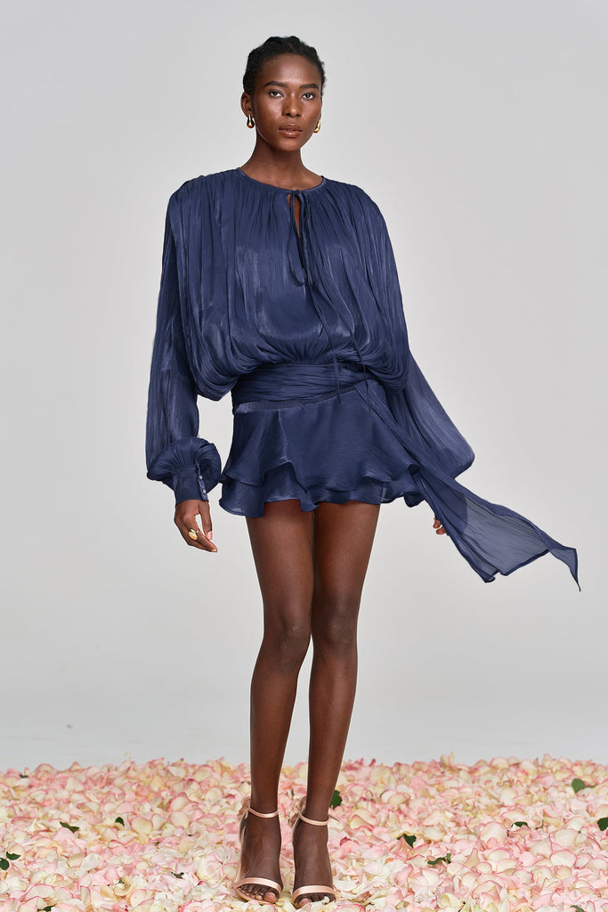 Aminah Balloon Sleeve Ruch Ruffle Mini Dress In Deep Blue - Stylish blue dress for special occasions | Buy Online