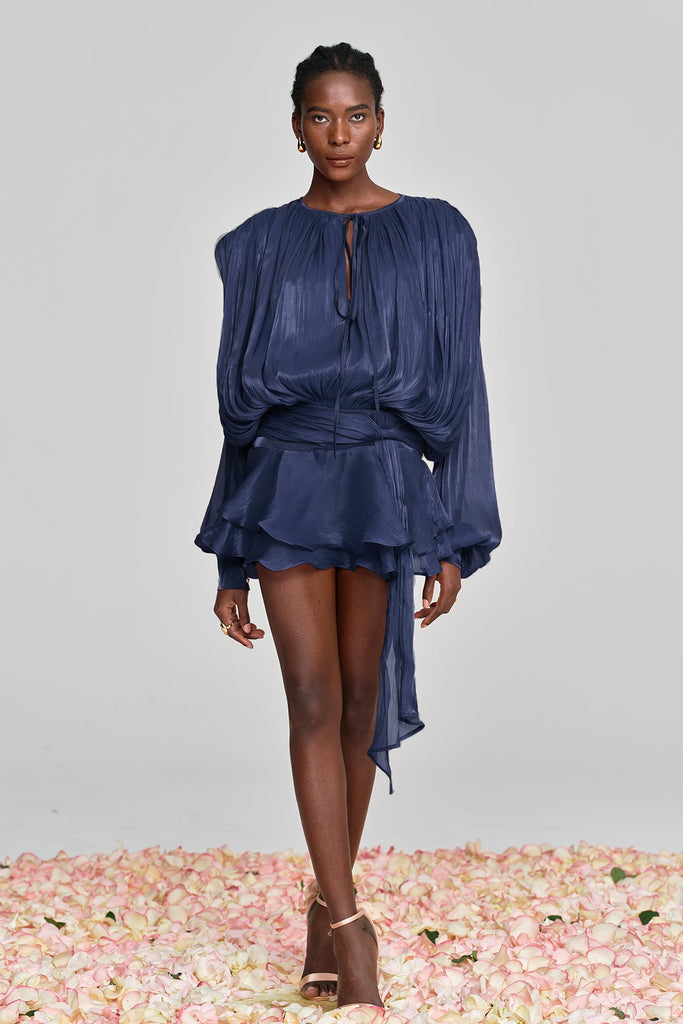 Shop  blue dress - Perfect for special occasions | Aminah Balloon Sleeve Ruch Ruffle Mini Dress In Deep Blue