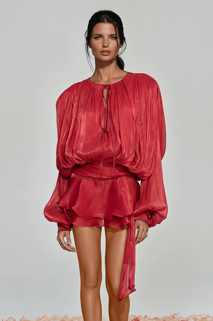 Stylish red dress | Aminah Balloon Sleeve Ruch Ruffle Mini Dress In Red - Ideal for special occasions