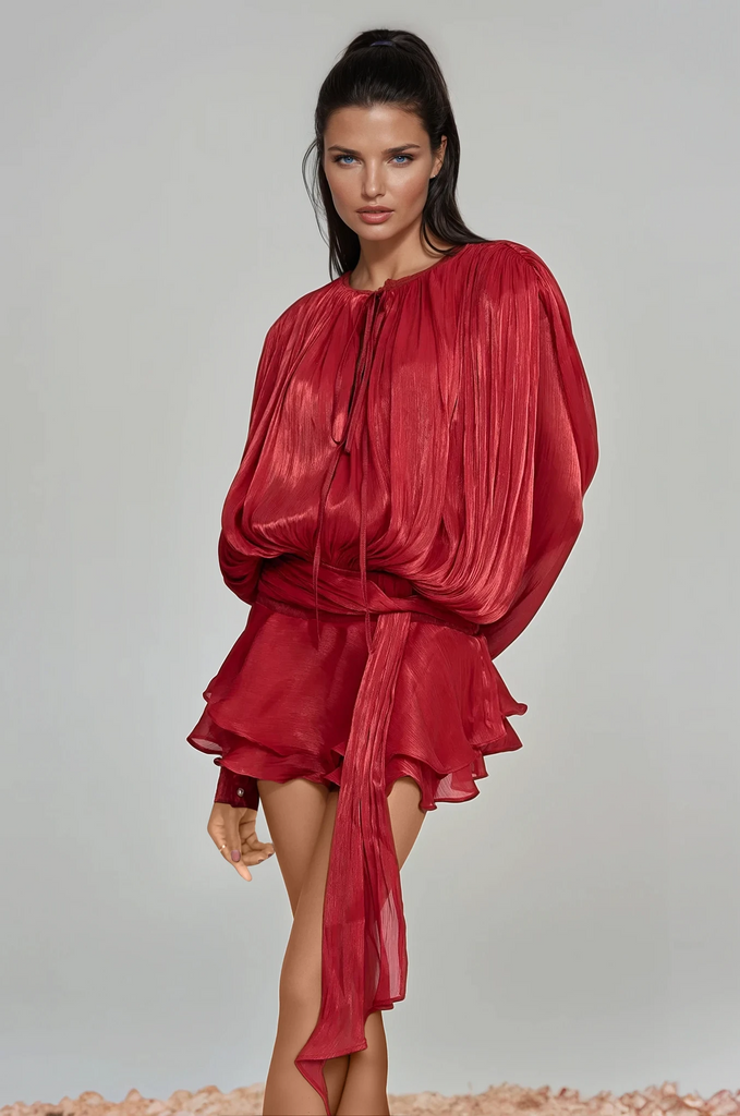Shop  red dress - Perfect for special occasions | Aminah Balloon Sleeve Ruch Ruffle Mini Dress In Red