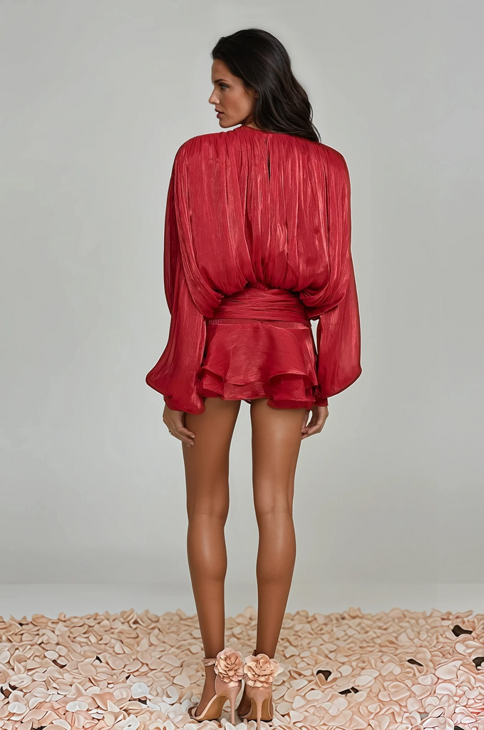 Stylish red dress | Aminah Balloon Sleeve Ruch Ruffle Mini Dress In Red - Ideal for special occasions