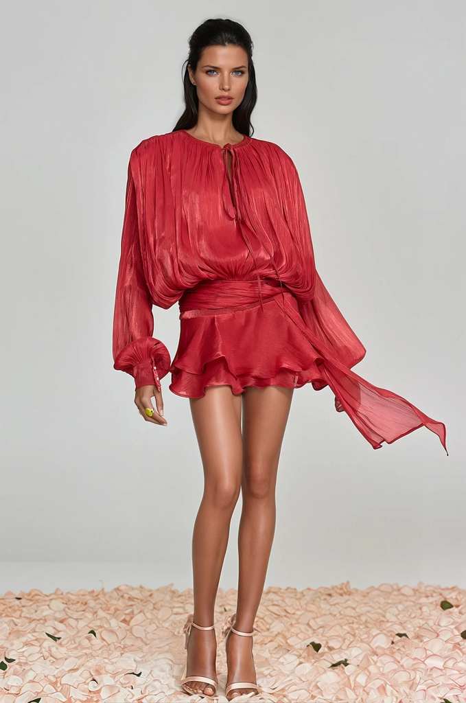 Aminah Balloon Sleeve Ruch Ruffle Mini Dress In Red - Stylish red dress for special occasions | Buy Online