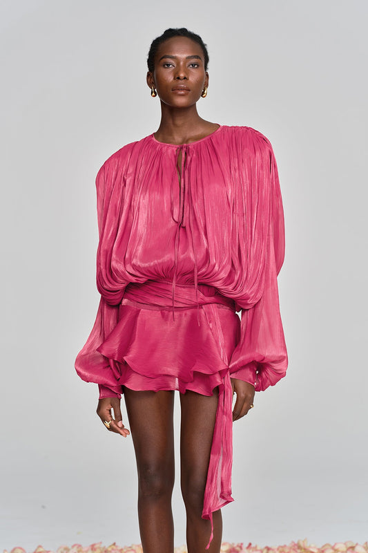 Aminah Balloon Sleeve Ruch Ruffle Mini Dress In Rose Red