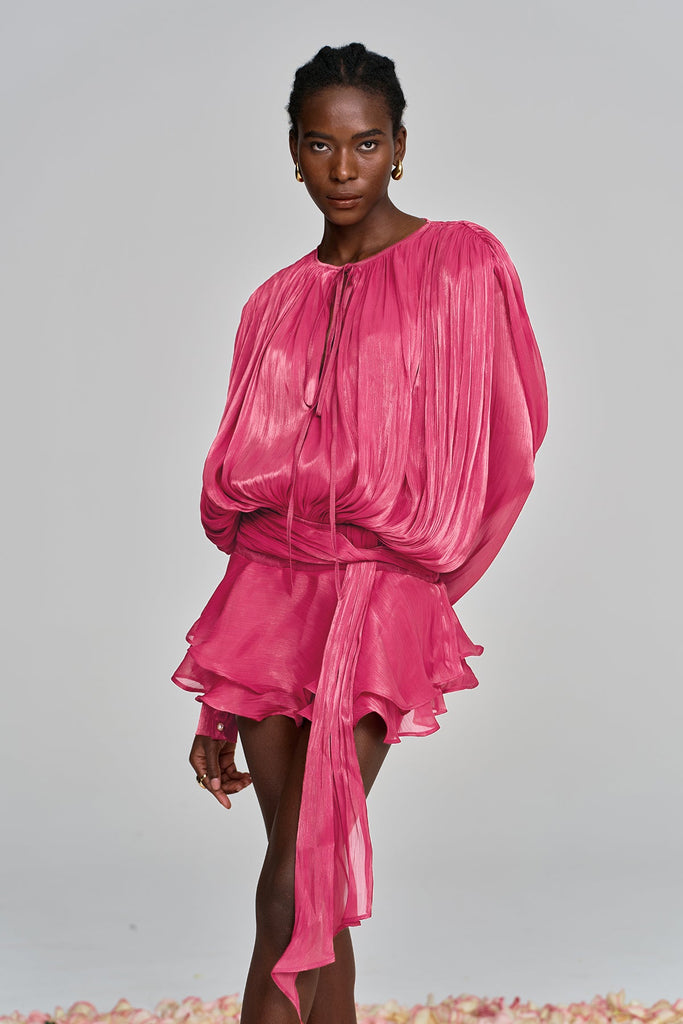 Shop  red dress - Perfect for special occasions | Aminah Balloon Sleeve Ruch Ruffle Mini Dress In Rose Red