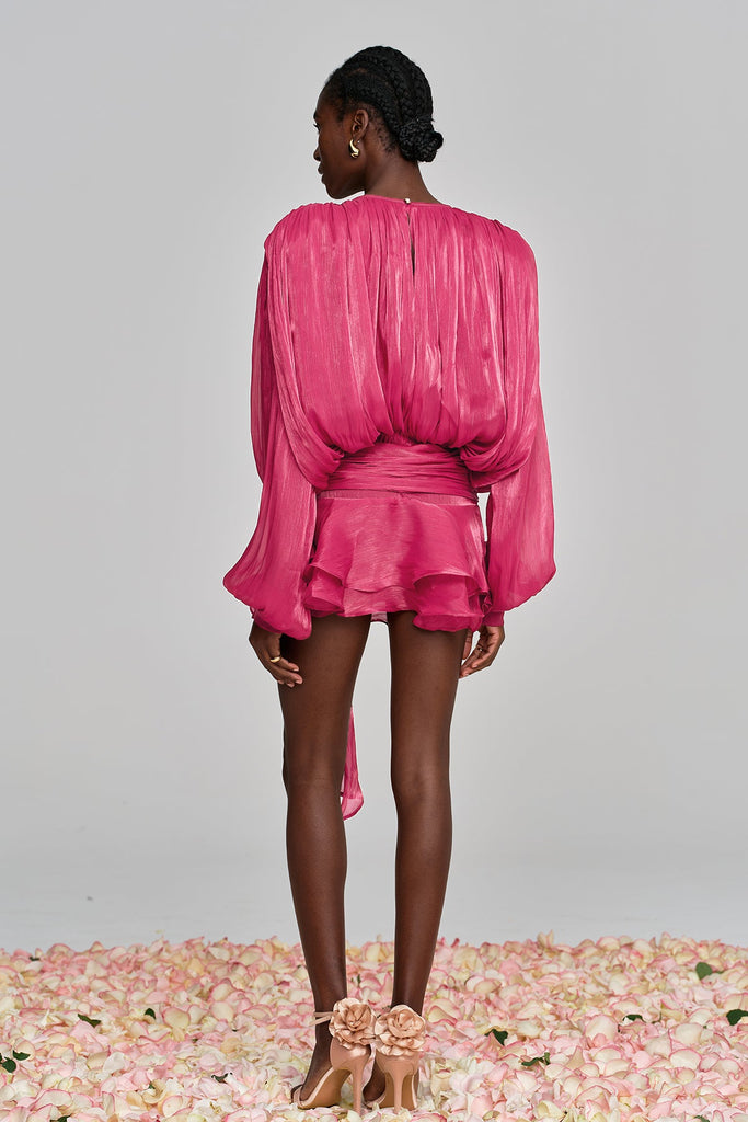 Aminah Balloon Sleeve Ruch Ruffle Mini Dress In Rose Red - Stylish red dress for special occasions | Buy Online