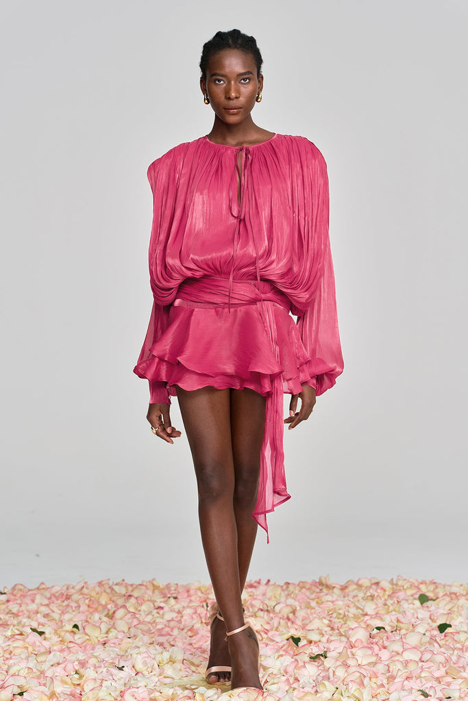 Shop  red dress - Perfect for special occasions | Aminah Balloon Sleeve Ruch Ruffle Mini Dress In Rose Red