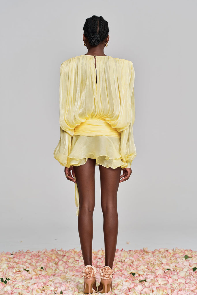 Shop  yellow dress - Perfect for special occasions | Aminah Balloon Sleeve Ruch Ruffle Mini Dress In Yellow