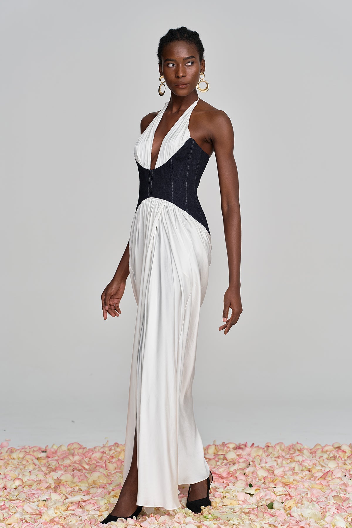 Aminia Halter Neck Ruch Deconstruct Maxi Dress