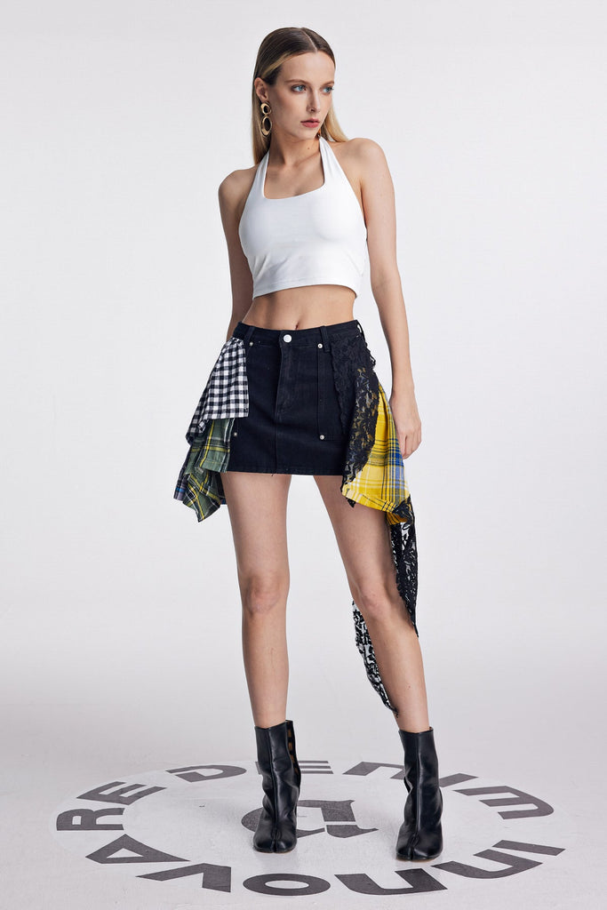 Shop  black dress - Perfect for special occasions | Amun Lace Grid Deconstruct Denim Skirt In Black