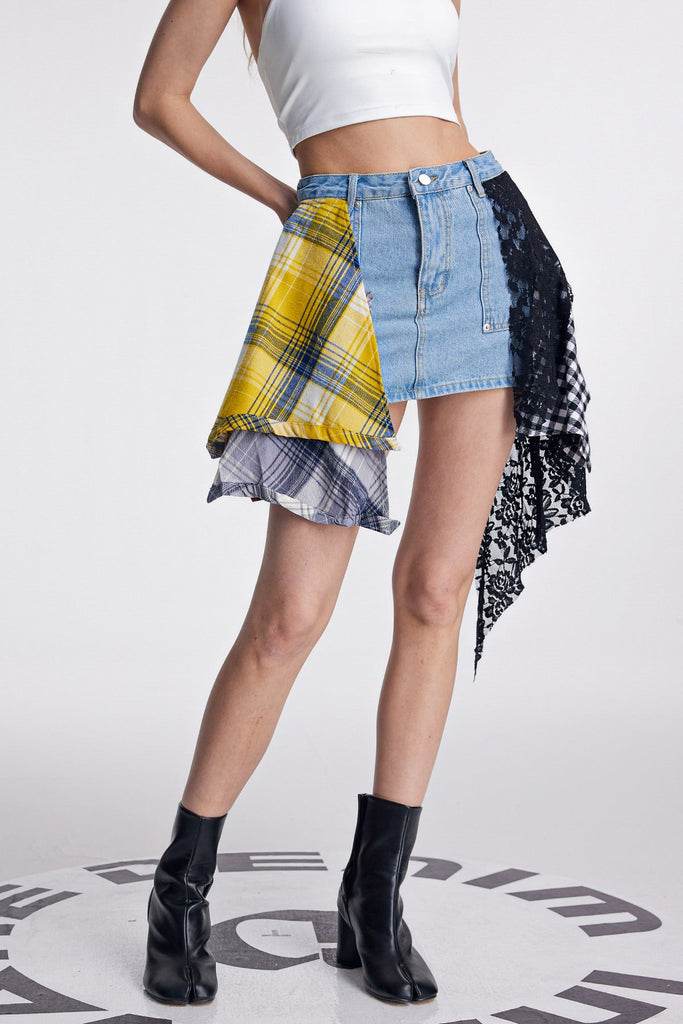 Shop  blue dress - Perfect for special occasions | Amun Lace Grid Deconstruct Denim Skirt In Blue
