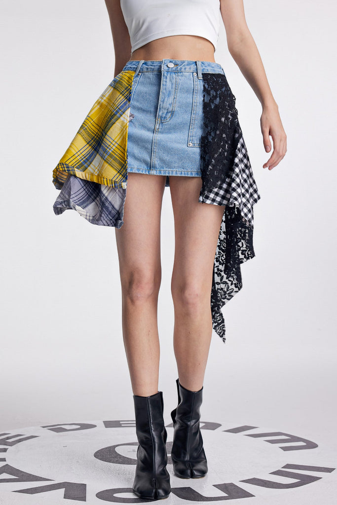 Stylish blue dress | Amun Lace Grid Deconstruct Denim Skirt In Blue - Ideal for special occasions