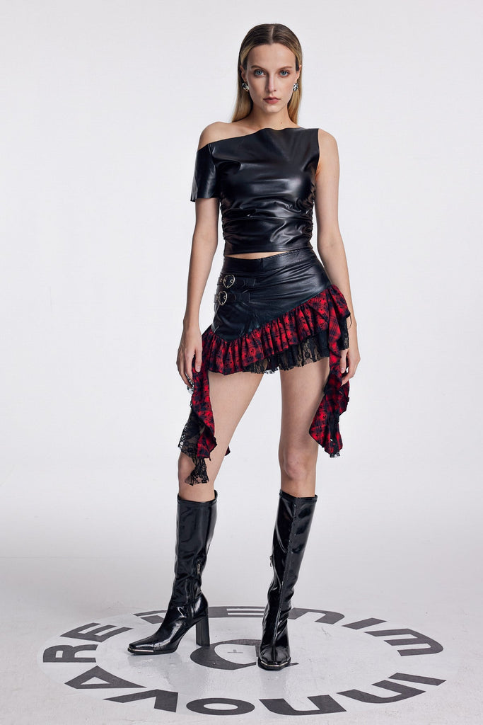 Stylish beautiful dress | Amund Asymmetric Deconstruct Grid Leather Skirt - Ideal for special occasions