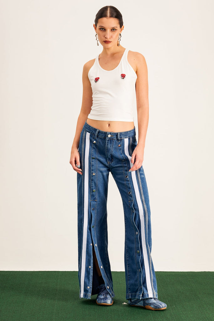 Shop  beautiful dress - Perfect for special occasions | Amzie Stripe Button Deconstruct Jeans