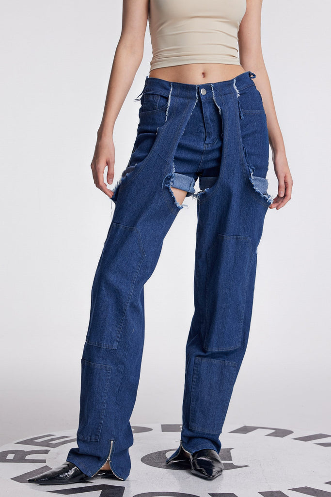 Shop  blue dress - Perfect for special occasions | Anahi Deconstruct Asymmetric Fringe Jeans In Deep Blue