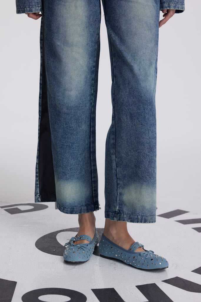 Analeigh Bow Studded Denim Flats - Stylish beautiful dress for special occasions | Buy Online