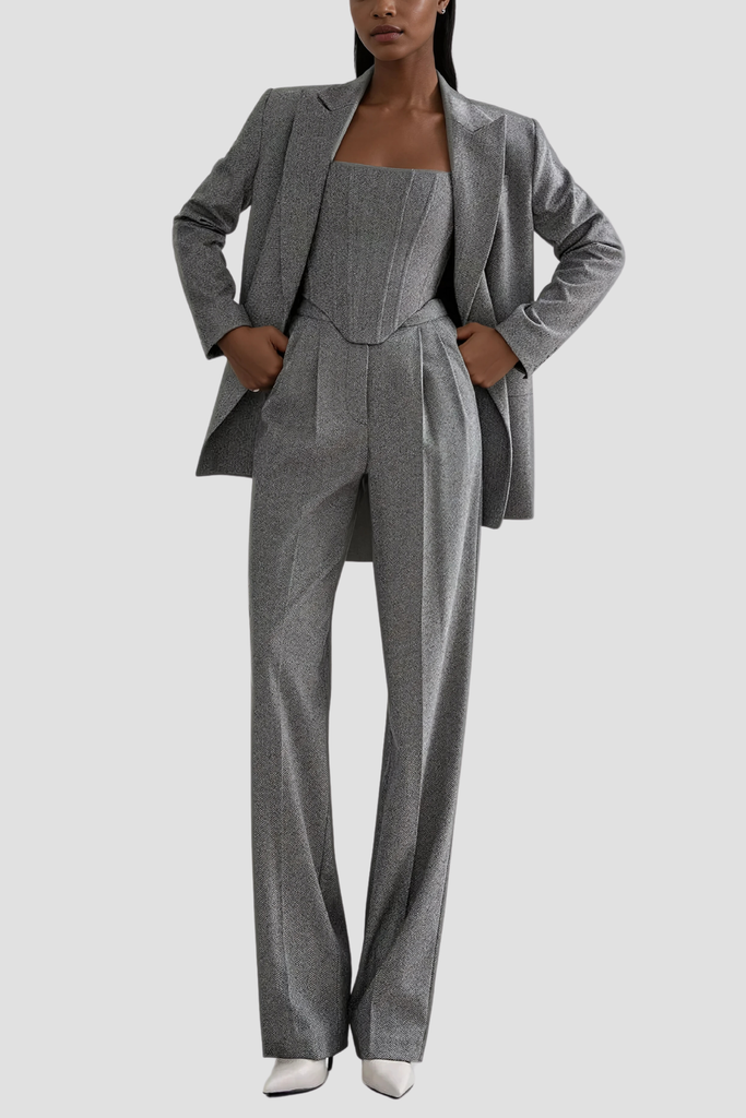 Stylish beautiful dress | Anang Lapel Strapless Three Piece Pants Set In Grey - Ideal for special occasions