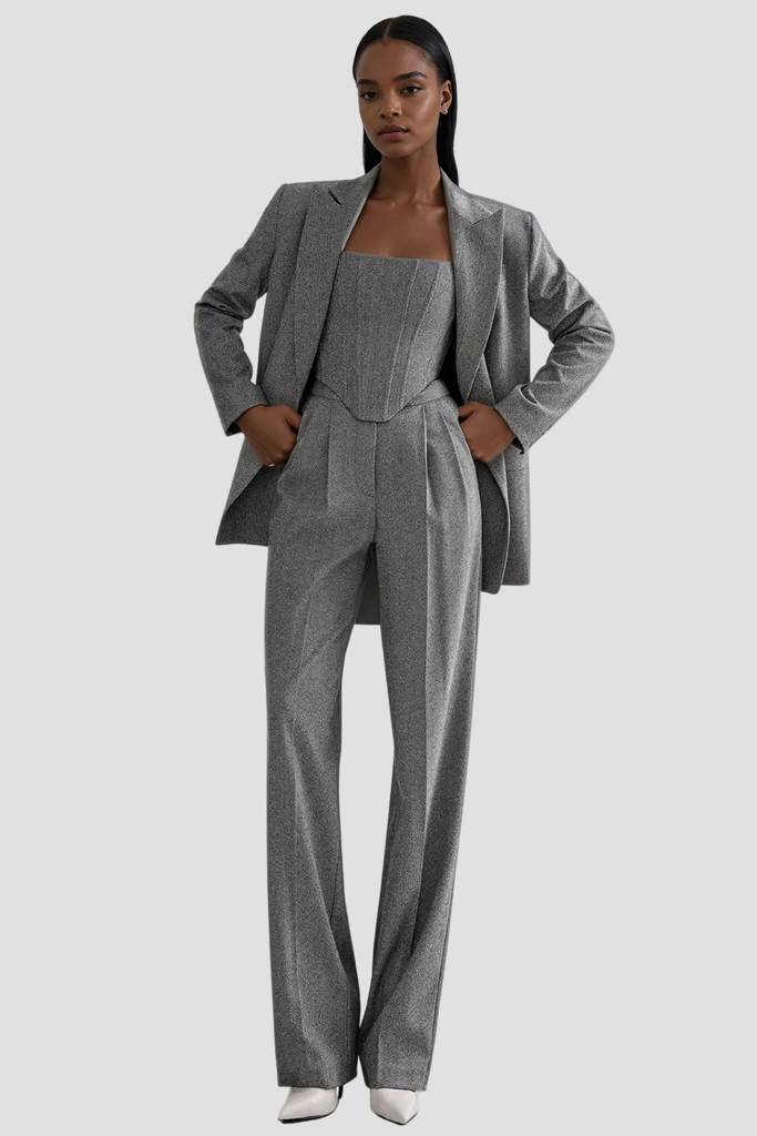 Stylish beautiful dress | Anang Lapel Strapless Three Piece Pants Set In Grey - Ideal for special occasions