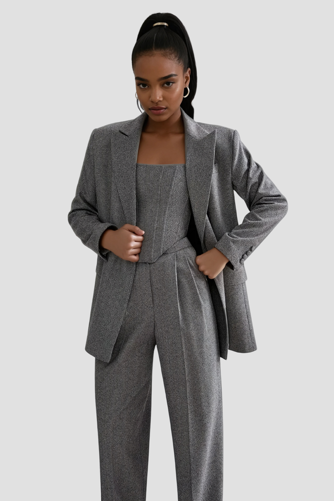Stylish beautiful dress | Anang Lapel Strapless Three Piece Pants Set In Grey - Ideal for special occasions